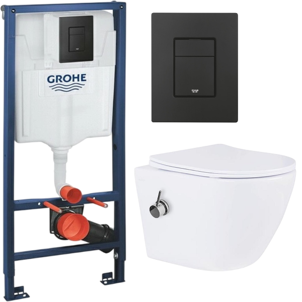 Комплект: инсталляция Grohe Solido 38811KF0 с черной кнопкой и подвесным унитазом Amore di Mare Delio Tornado Bidet P203-XT